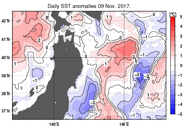 東北周辺海域の海面水温平年差分布図（11月9日）