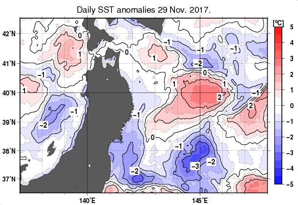 東北周辺海域の海面水温平年差分布図（11月29日）