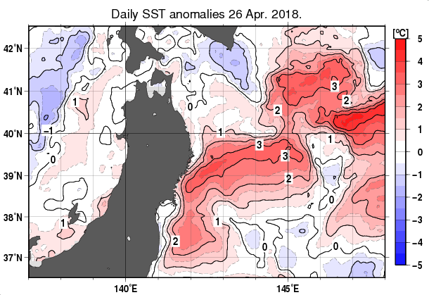 東北周辺海域の海面水温平年差分布図（4月26日）