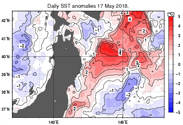東北周辺海域の海面水温平年差分布図（5月17日）