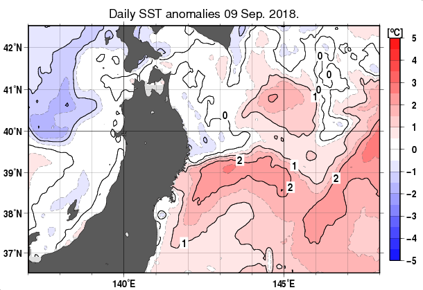 東北周辺海域の海面水温平年差分布図（9月9日）