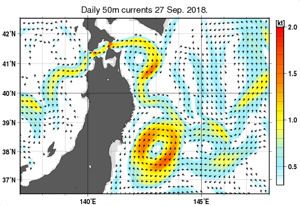 東北周辺海域の深さ50mの海流分布図（9月27日）