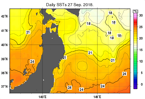 東北周辺海域の海面水温分布図（9月27日）