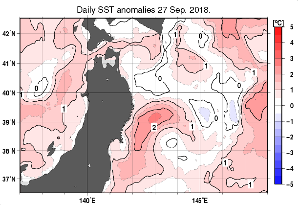 東北周辺海域の海面水温平年差分布図（9月27日）
