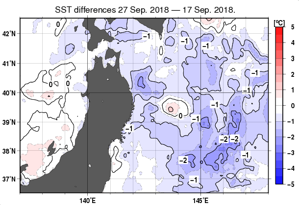 東北周辺海域の10日間の海面水温変化量分布図（9月27日）