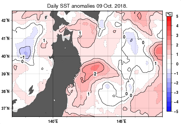 東北周辺海域の海面水温平年差分布図（10月9日）
