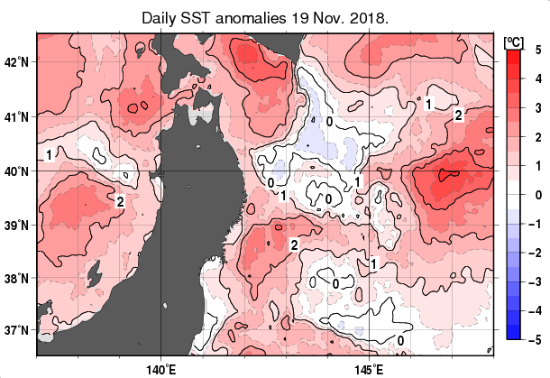 東北周辺海域の海面水温平年差分布図（11月19日）