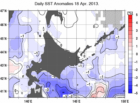 北海道周辺海域の海面水温偏差分布図（4月18日）