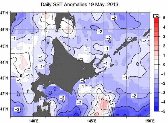 北海道周辺海域の海面水温偏差分布図（5月19日）