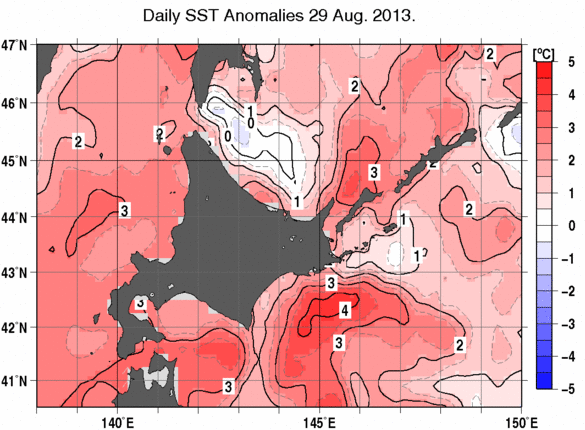 北海道周辺海域の海面水温平年差分布図（8月29日）