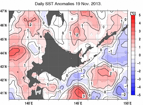 北海道周辺海域の海面水温平年差分布図（11月19日）