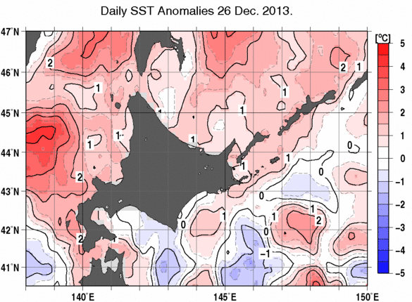北海道周辺海域の海面水温平年差分布図（12月26日）