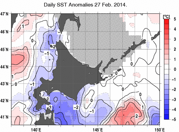 北海道周辺海域の海面水温平年差分布図（2月27日）