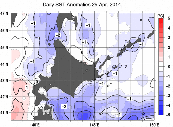 北海道周辺海域の海面水温平年差分布図（4月29日）