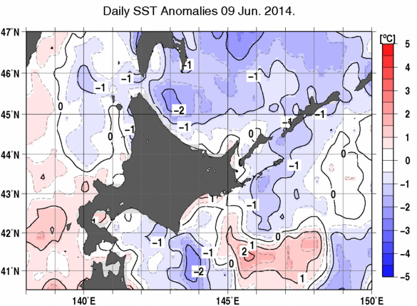 北海道周辺海域の海面水温平年差分布図（6月9日）