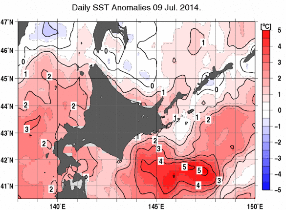 北海道周辺海域の海面水温平年差分布図（7月9日）