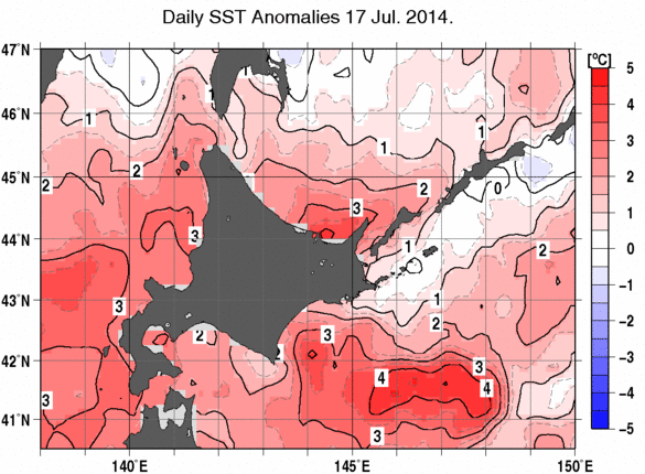 北海道周辺海域の海面水温平年差分布図（7月17日）