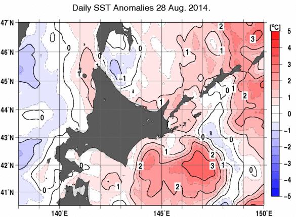 北海道周辺海域の海面水温平年差分布図（8月28日）