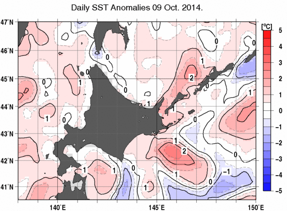 北海道周辺海域の海面水温平年差分布図（10月9日）
