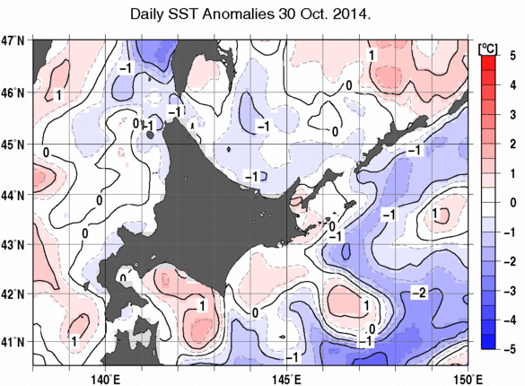 北海道周辺海域の海面水温平年差分布図（10月30日）