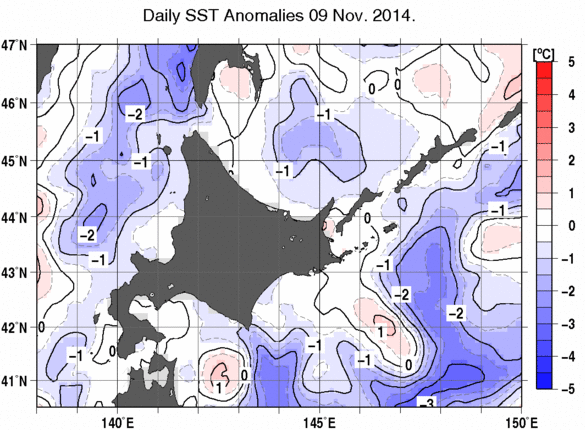 北海道周辺海域の海面水温平年差分布図（11月9日）