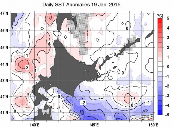 北海道周辺海域の海面水温平年差分布図（1月19日）