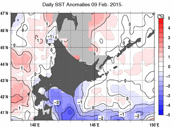 北海道周辺海域の海面水温平年差分布図（2月9日）