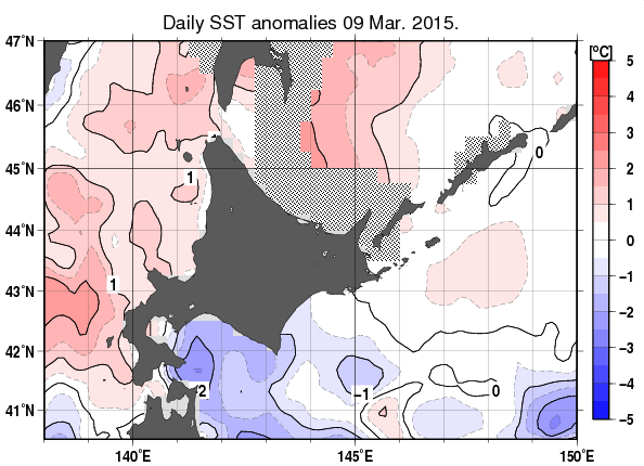 北海道周辺海域の海面水温平年差分布図（3月9日）