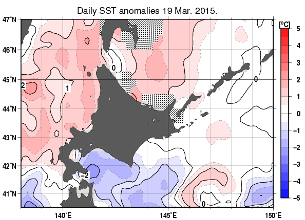北海道周辺海域の海面水温平年差分布図（3月19日）