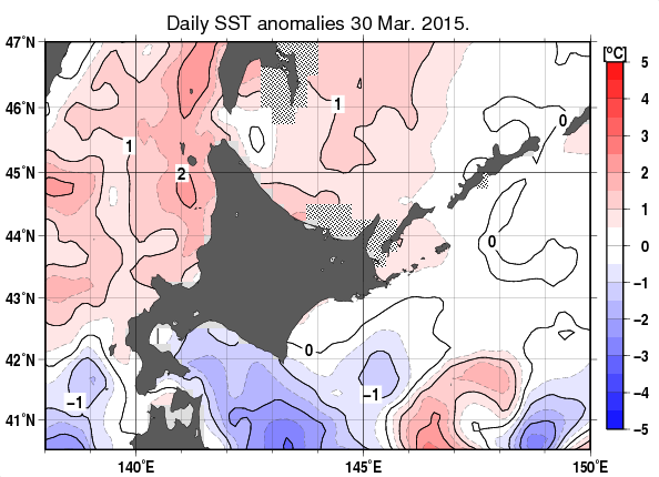 北海道周辺海域の海面水温平年差分布図（3月30日）