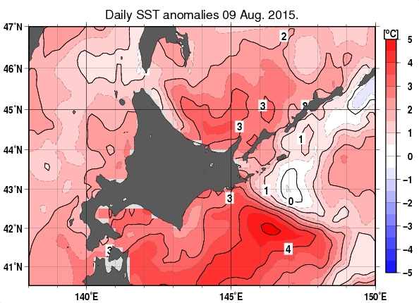 北海道周辺海域の海面水温平年差分布図（8月9日）