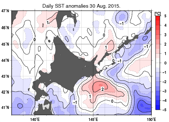 北海道周辺海域の海面水温平年差分布図（8月30日）