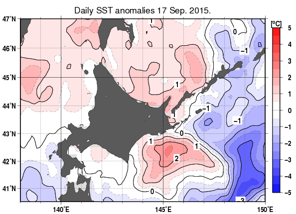 北海道周辺海域の海面水温平年差分布図（9月17日）