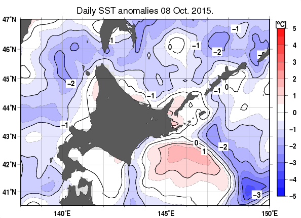 北海道周辺海域の海面水温平年差分布図（10月8日）