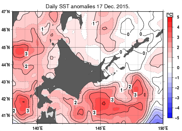 北海道周辺海域の海面水温平年差分布図（12月17日）