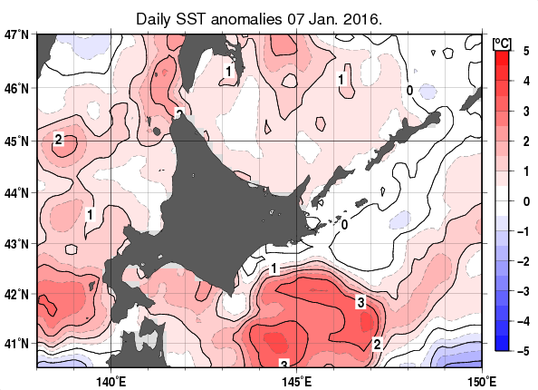 北海道周辺海域の海面水温平年差分布図（1月7日）