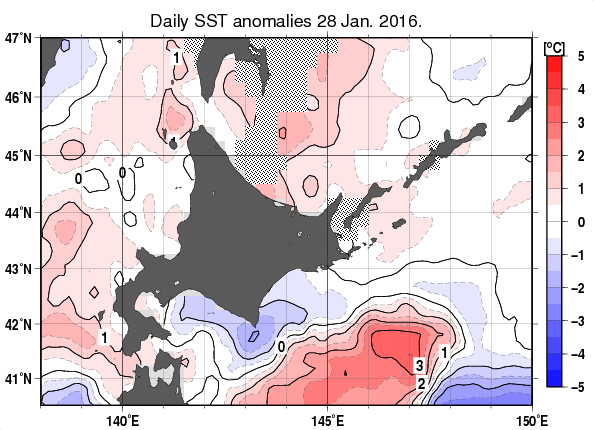 北海道周辺海域の海面水温平年差分布図（1月28日）