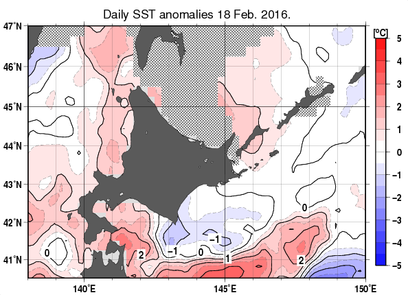 北海道周辺海域の海面水温平年差分布図（2月18日）