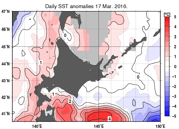 北海道周辺海域の海面水温平年差分布図（3月17日）