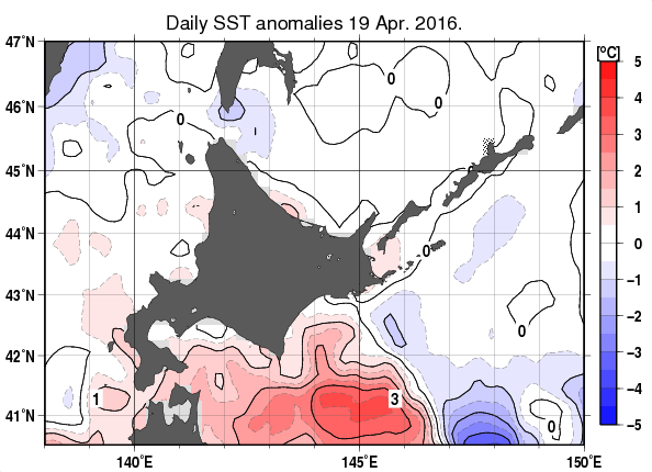 北海道周辺海域の海面水温平年差分布図（4月19日）