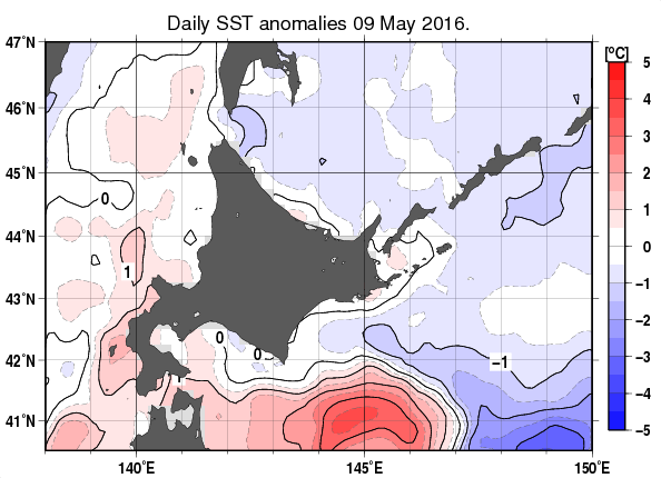 北海道周辺海域の海面水温平年差分布図（5月9日）