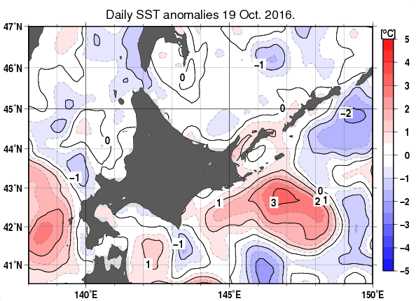 北海道周辺海域の海面水温平年差分布図（10月19日）