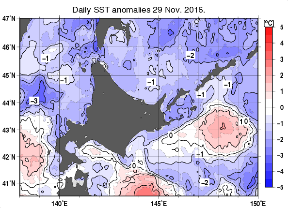北海道周辺海域の海面水温平年差分布図（11月29日）
