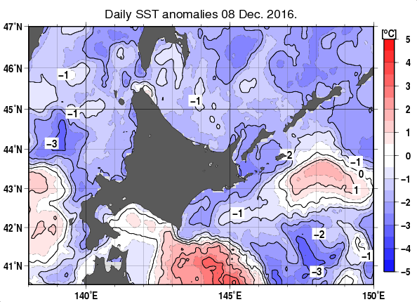 北海道周辺海域の海面水温平年差分布図（12月8日）