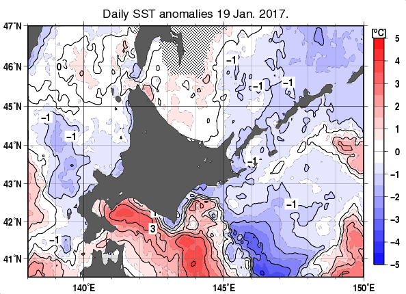 北海道周辺海域の海面水温平年差分布図（1月19日）