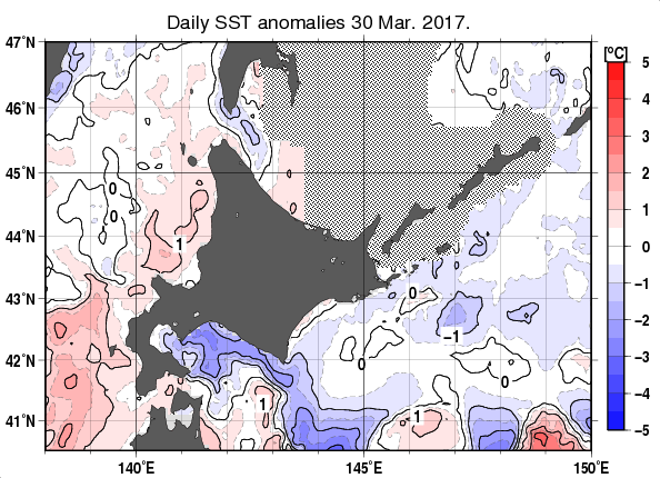 北海道周辺海域の海面水温平年差分布図（3月30日）