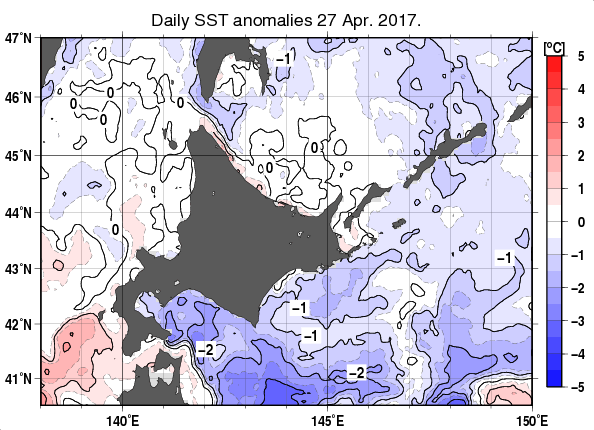 北海道周辺海域の海面水温平年差分布図（4月27日）