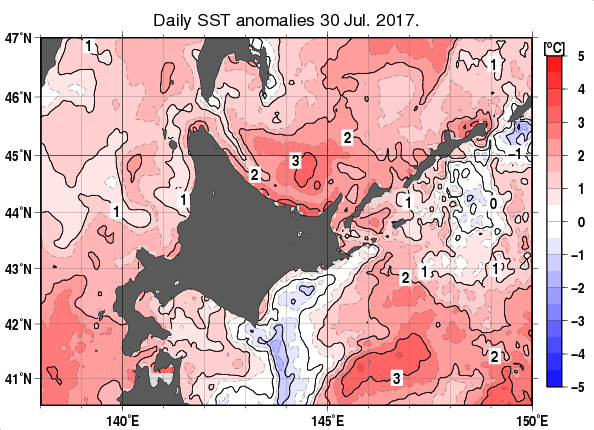 北海道周辺海域の海面水温平年差分布図（7月30日）
