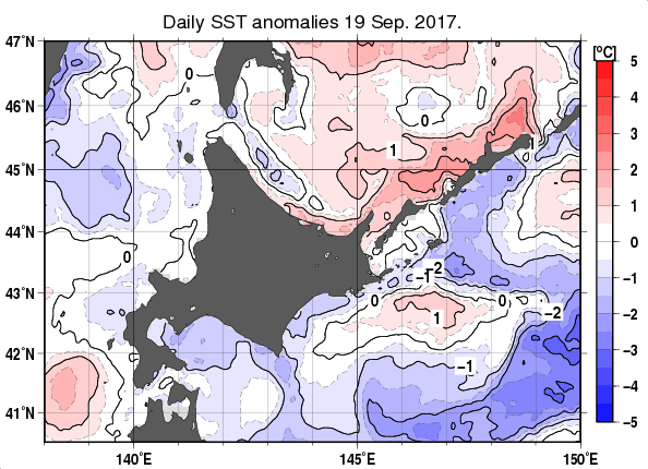 北海道周辺海域の海面水温平年差分布図（9月19日）