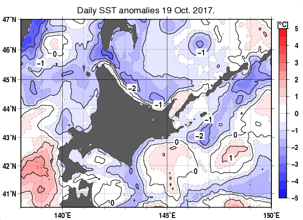 北海道周辺海域の海面水温平年差分布図（10月19日）